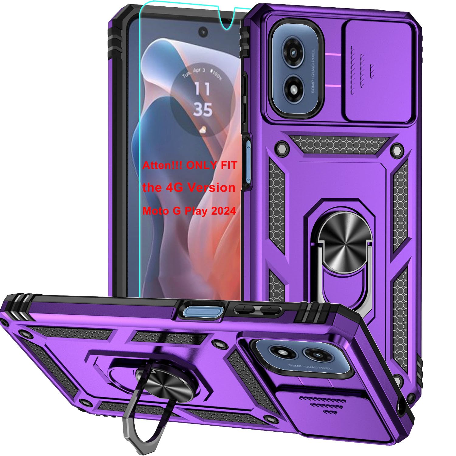 For Moto G Play 2024 Case, Soft Silicone Rubber Bumper Hard Plastic Phone Case with [Sliding Camera Lens Cover] [360° Rotatable Kickstand Ring] [HD Screen Protector] for Motorola G Play 2024 4G Purple