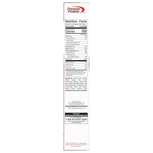 POST PREMIER PROTEIN MIXED BERRY ALMOND CEREAL, PROTEIN CEREAL FLAKES MIXED WITH DRIED BERRIES AND SLICED ALMONDS, CONTAINS 20G OF PROTEIN PER SERVING, 9 OZ BOX