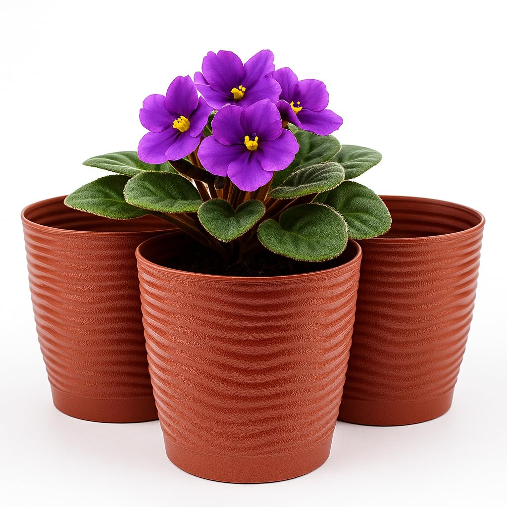 Home Garden Ornaments Wave Plant Pots Indoor, Set of 3 Indoor Plant Pot with 3D Effect, Drainage Holes, and Integrated Saucer, Plastic Flower Pots (Diameter: 13cm, Colour: Red)