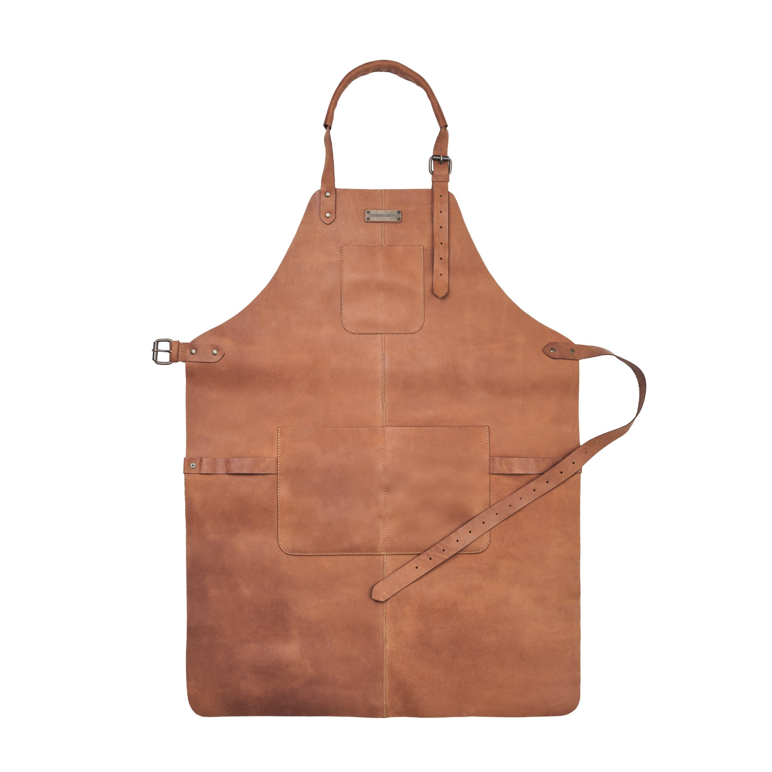 DRAKENSBERG BBQ Apron 'Bob' - Leather, Cognac-brown, Unisex, Men's Gift, Professional, Vintage, Adjustable, 3 Pockets