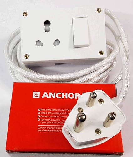 Tia 16 Ampere Sockets Power Extension Cloth Cord, Anchor Socket and Plug , 5 m