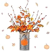 SiliFine Fall Thanksgiving Table Centerpiece Decoration Artificial Flower Maple Leaf Stems Fall Orange Pumpkin Berry Picks with Metal Vase for Floral Arrangement Plant in Pot for Autumn Farmhouse Home