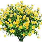 KLEMOO 8 Bundles Outdoor Artificial Fake Flowers UV Resistant No Fade Boxwood Faux Plastic Plants for Garden Patio Porch Window Box Home Wedding Farmhouse Décor (Yellow)