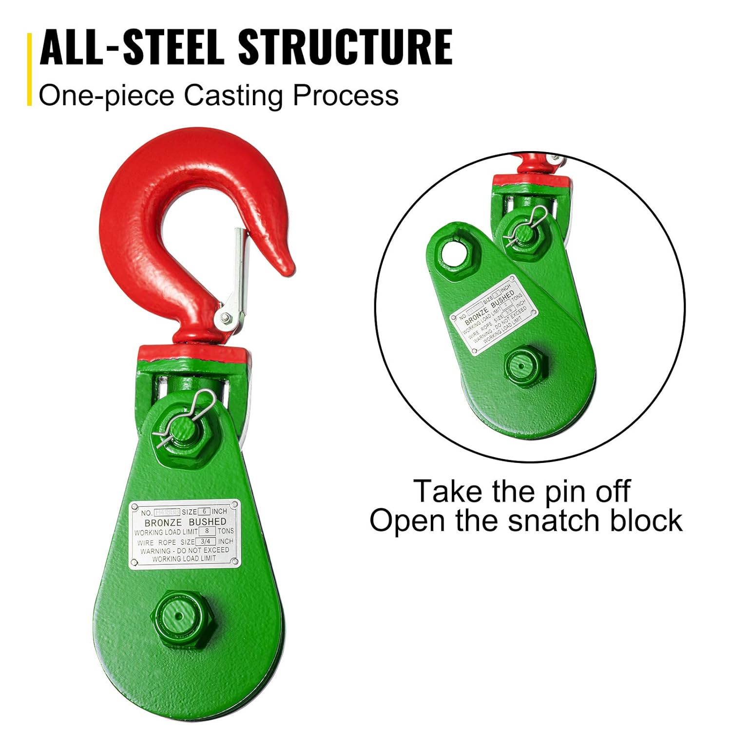 VEVOR 8ton Snatch Block with Hook, 17600 lbs Capacity Snatch Rigging Block, 6'' Single Sheave Block w/Swivel Hook and Latch, Fit 3/4'' Wire Cable Heavy Duty for Wrecker Roll Back Recovery Pulling: Industrial & Scientific