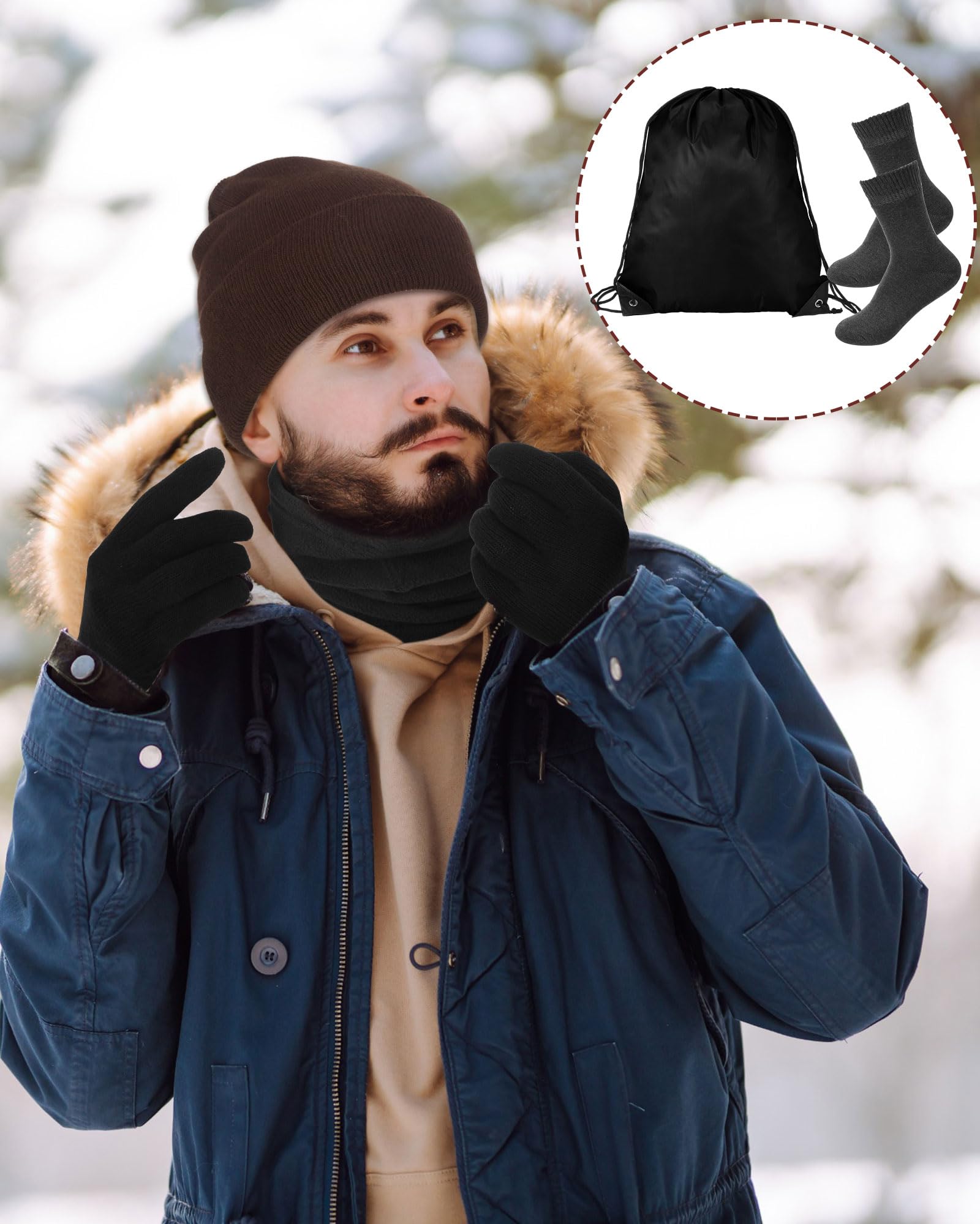 Suhine Homeless Care Package Supplies Winter Beanie Hat Neck Warmer Gloves Sock and Drawstring Bags for Men Women