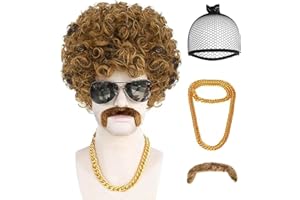 Anogol 4Pcs Set Wig Cap+Mustache+Necklace + Afro Wig Men Brown Curly Wig 80S 70S Wigs for Men Disco Costume Short Brown Wigs for Disco Outfit Mens Party Rocker Cosplay Set Synthetic Wig