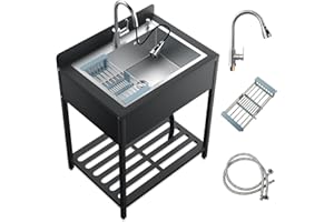 DEVLOUTT 40'' Stainless Steel Utility Sink, Free Stand Commercial Kitchen Single Bowl Sink with Pull-Out Cold & Hot Faucet, Utility Sink for Laundry Room, Kitchen, Bathroom, Hoses & Drain Kit (Style A, Silver)