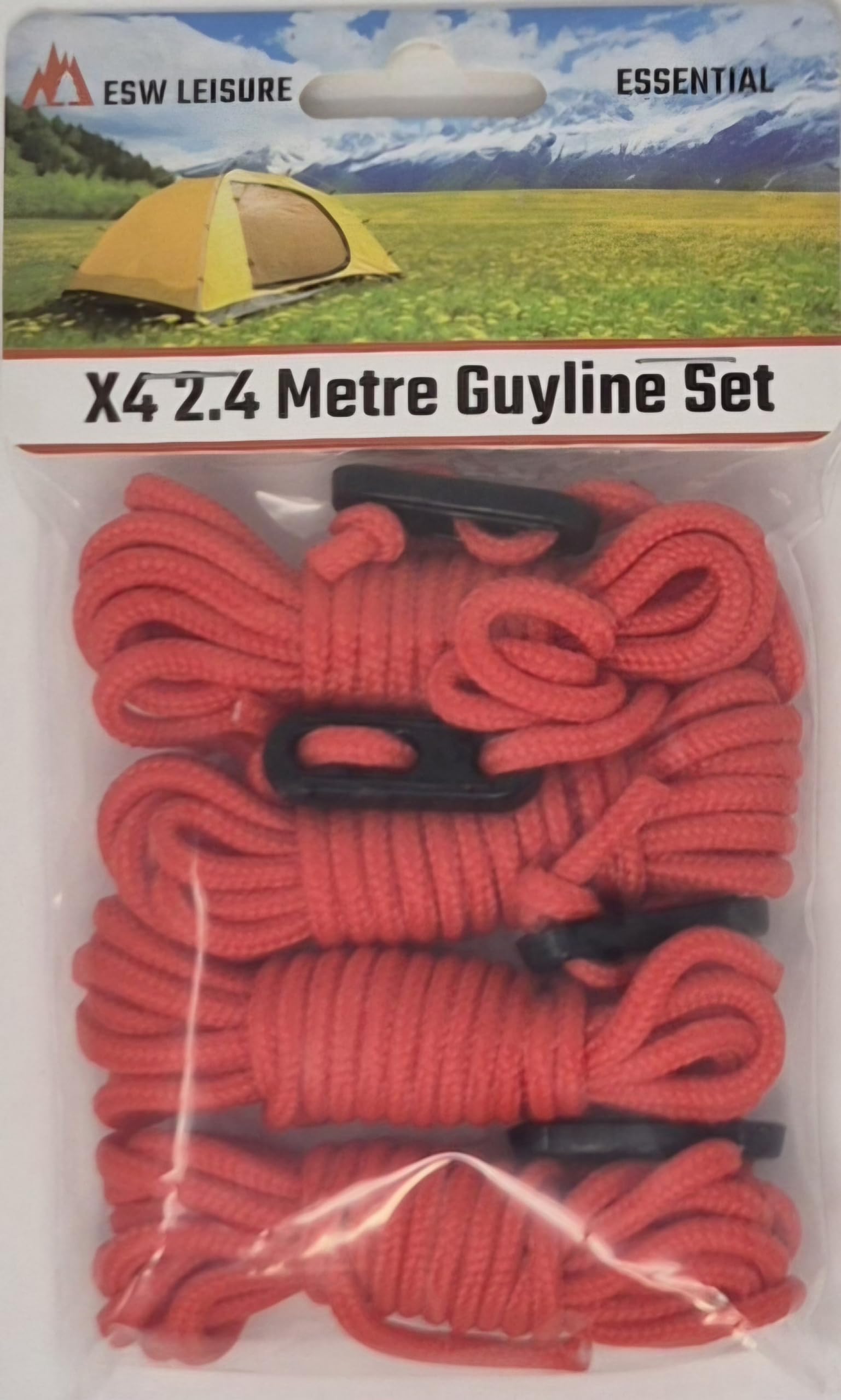 ESW LEISURE Guyline Ropes 4 Pack For Tents Awning Camping Strong Lightweight Paracord Guy Rope With Tensioner Guy Lines Fishing Umbrella Shelter Bivvy Caravan Gazebo Tarp (Red, 2.4 Metre 4 Pack)