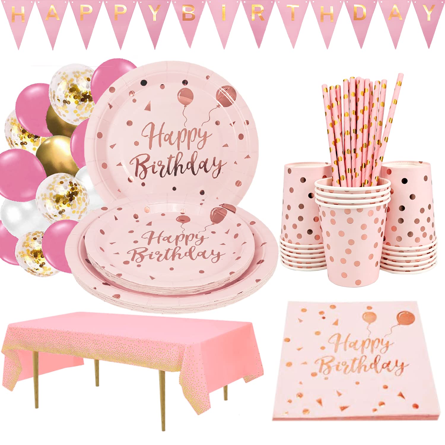 Pink Gold Party Supplies - Birthday Plate, Cutlery, Napkins, Cups, Straws, Tablecloths for Baby Shower - Serves 16