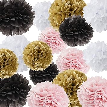 16pcs Tissue Paper Pom Pom White Pink Gold Black Paper Flower Ball