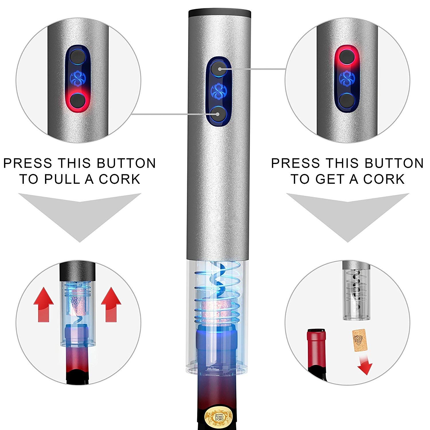 Iwine Electric Wine Opener, Wine Corkscrew Stainless Steel Bottle Opener,Removable Foil Cutter (Silver)