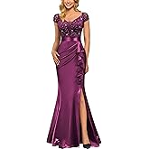 Miusol Women's Vintage V-Neck Slim Style Ruffle Split Evening Formal Maxi Dress