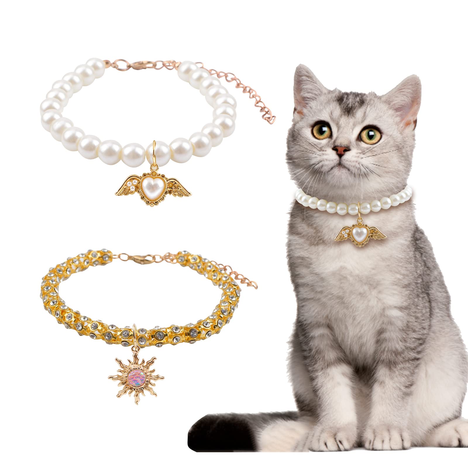 HACRAHO Dog Pearl Necklace Collar, 2 Pieces Pearl Crystal Dog Necklace with Heart Pendant Adjustable Crystal Cat Collar with Sun Pendant for Small Cats and Dogs