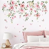 Decvictor Pink Flower Wall Stickers, Spring Garden Floral Wall Decals 10 Sheets DIY Peel and Stick Wall Decal Self Adhesive Wall Art Decor for Bedroom Sofa Backdrop Cabinets Drawers