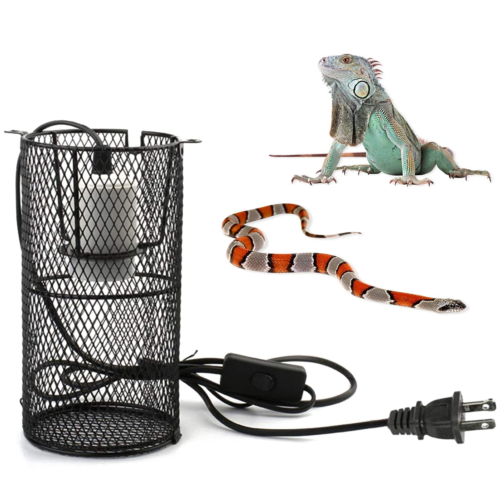 Photo 1 of Reptile Heat Lamp Guard Ceramic Heat Emitter Basking Heater Lamp Reptile Accessories for Turtle Snakes Lizards Frogs Chicks with Power Switch & Anti-Biting Hanging Hook Design Round Without Bulb 200w