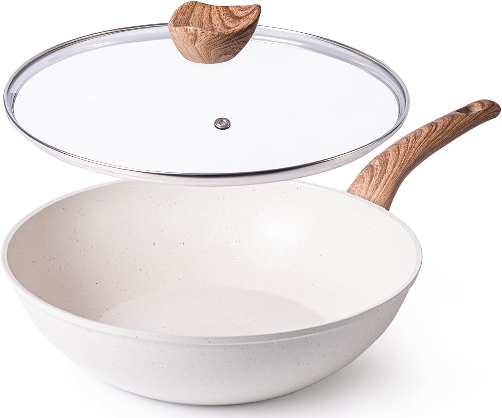 nuovva Induction Non Stick Wok Pan 28cm Cream with Glass Lid