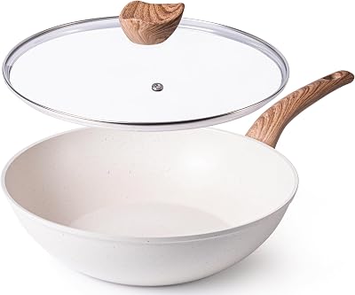 nuovva Induction Non Stick Wok Pan 28cm Cream with Glass Lid