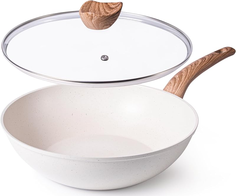 nuovva Induction Non Stick Wok Pan 28cm Cream with Glass Lid