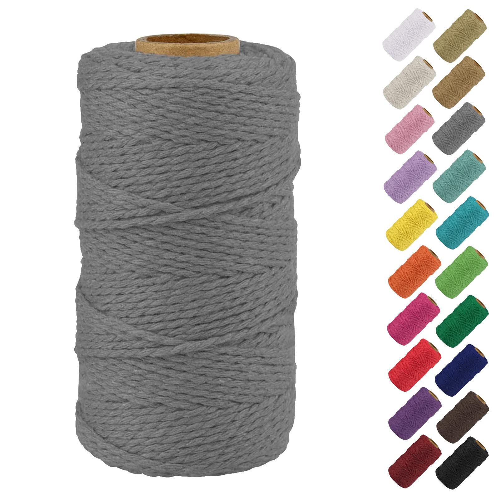 Binwat Natural Macrame Cotton Cord Twine String Colored Cotton Rope Yarn for DIY Crafts Knitting Plant Hangers Christmas Wedding Decor (Grey, 2mmx100m)