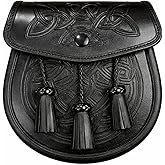 KSUC Black Leather Double Embossed 3 tassels Kilt Sporran w/Chain and Belt
