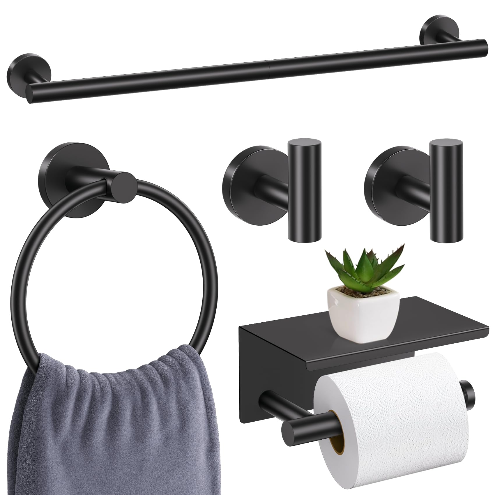 Photo 1 of 5 Pieces Matte Black Bathroom Hardware Set, Black Towel Bar Bathroom Accessories Set, Upgraded Toilet Paper Holder with Shelf, 23.6 Inch Towel Rack Towel Holder for Bathroom Wall