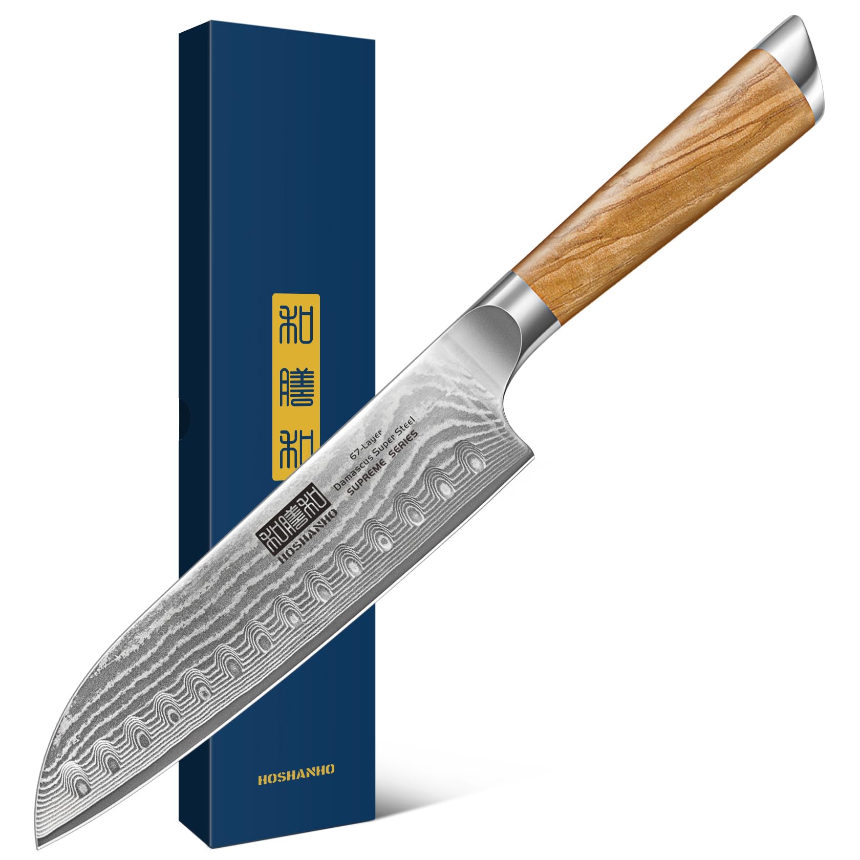 HOSHANHO Damascus Santoku Knife 7 Inch, Professional Japanese Damascus Super Steel Kitchen Knife, Sharp Cooking Knife with Durable Ergonomic Olive Wood Handle Image