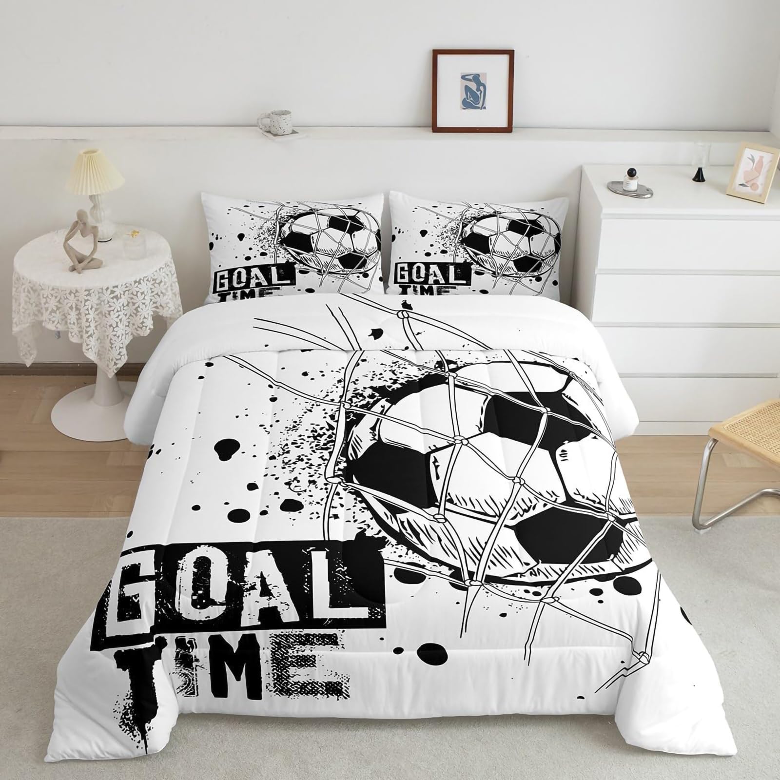Tabeskly Kids Boys Black White Football Soft Zipper Bed Bedding Duvet Cover Set Single 135×200cm