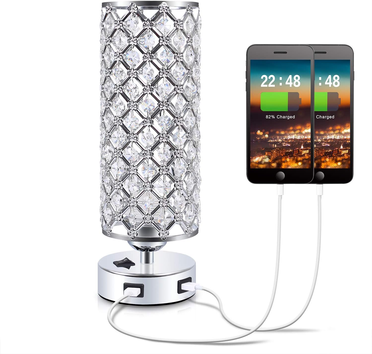 USB Crystal Table Lamp,Kakanuo Nightstand Decorative Lamp with Dual Fast USB Charging Ports, Modern Glam Table Lamp for Bedroom, Living Room, Study Room, Office
