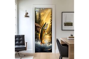 Door Stickers Peel and Stick Door Decal Leaping Trout Serene River Forest Removable Mural Wallpaper 30.3''x78.7'' Wall Murals