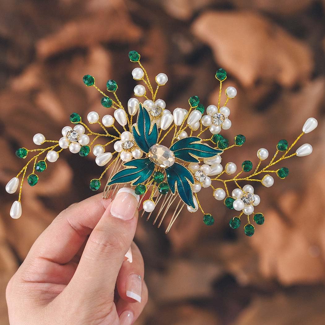 IYOU Pearl Bridal Hair Comb Green Crystal Wedding Side Combs Leaf Headpiece Prom Guest Bride Hair Accessories for Women