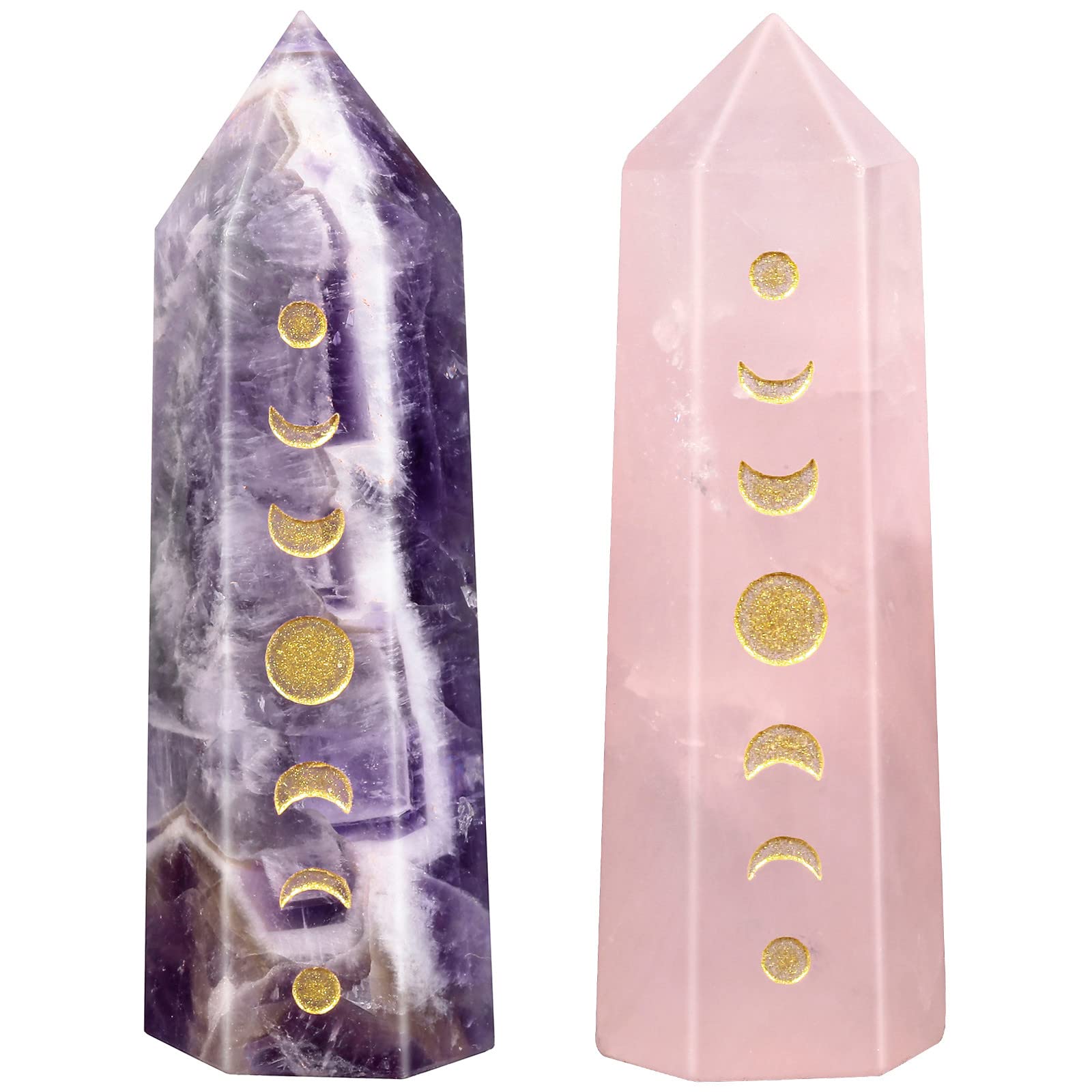 Nupuyai 2pcs Amethyst & Rose Quartz Engraved Moon Phase Lunar Eclipse Faceted Crystal Point Wand Set, Prism Quartz Point Stone for Reiki Chakra Healing Home Decor
