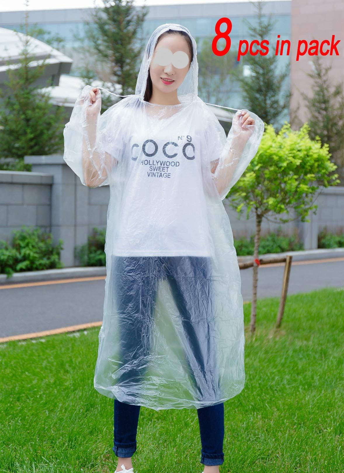 YAH 8 pcs in Pack Portable Unisex Light Hood Poncho Camping Plastic Raincoat Disposable Adult Emergency Waterproof Rain Coat with Rope Hood