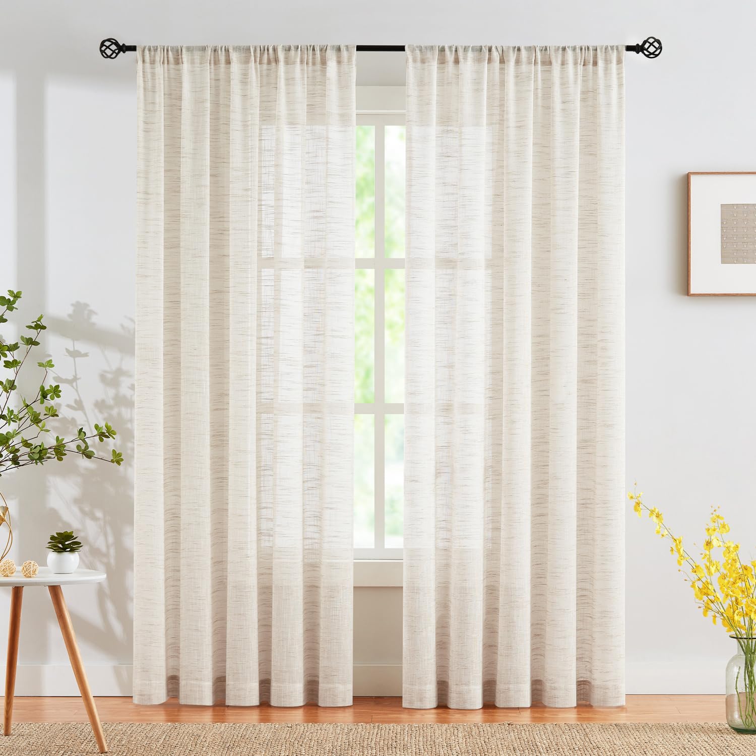 Abstractex Linen Semi Sheer Curtains for Living Room 72 Inch Long Burlap Natural Farmhouse Light Filtering Curtains for Bedroom Beige Rustic Privacy Voile Panels for Sunroom 52" W 2 Pcs Rod Pocket