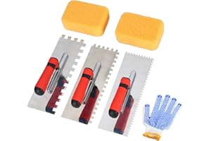 Square Notched Tile Trowel Set,Made of Premium Stainless Steel,with Grout Sponge and Work Gloves, Masonry Tools for Tiling In