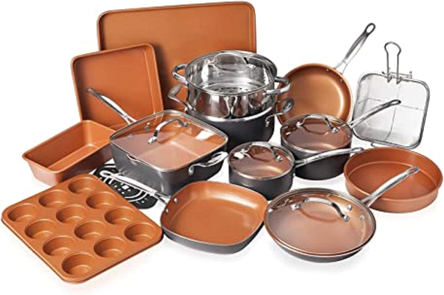 Gotham Steel Cookware + Bakeware Set with Nonstick Durable Ceramic Copper Coating – Includes Skillets, Stock Pots, Deep Square Fry Basket, Cookie Sheet and Baking Pans, 20 Piece, Graphite: Kitchen & Dining