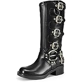 DREAM PAIRS Women's Knee High Riding Boots Side Zipper Motorcycle Boots Square Toe Chunky Heel Fashion Buckles Biker Boots