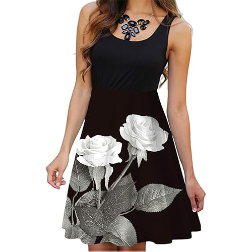 Women's Vintage Scoop Neck Midi Dress Sleeveless Summer Casual Elegant Sundress Floral Printed A-Line Dress