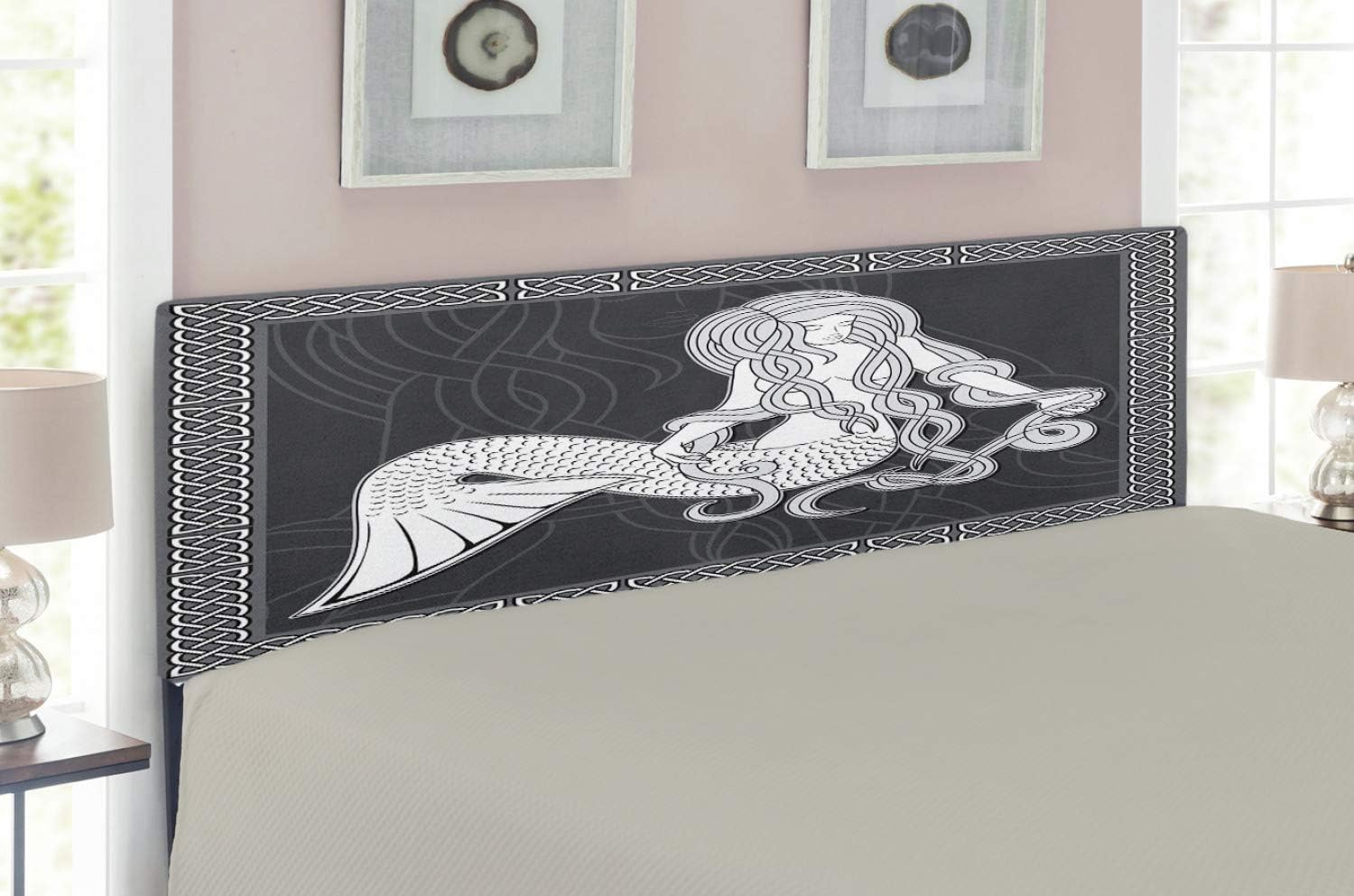 Ambesonne Mermaid Headboard, Retro Art Illustration of a Mermaid Brushing Hair and Border with Celtic Patterns, Upholstered Decorative Metal Bed Headboard with Memory Foam, Full Size, Grey