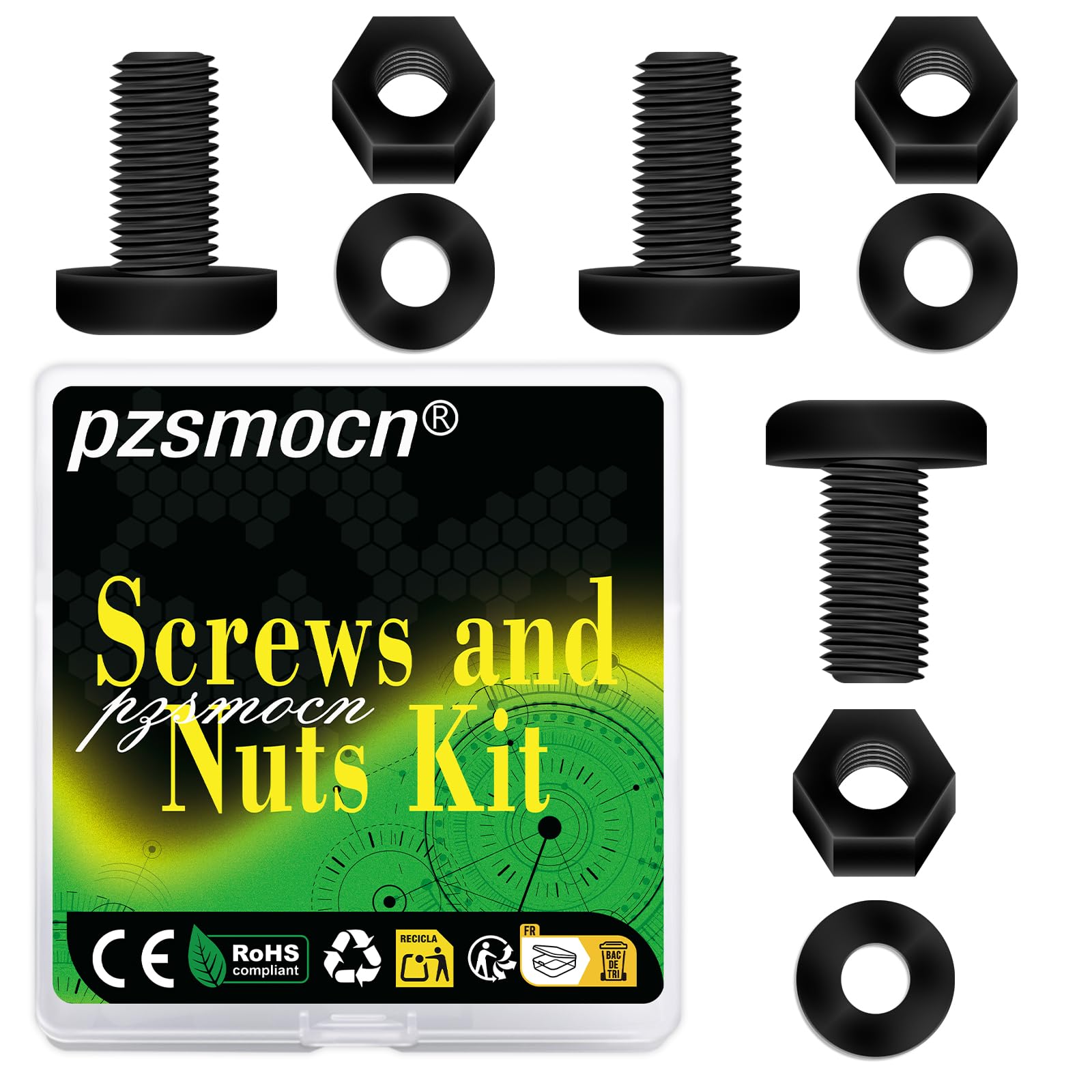 Pzsmocn 150 Pieces/50 Sets M6*12 mm Plastic Black Nylon Cross Round Head Screw Hexagonal Nut Combination Kit, with Insulating Washers, Standard Size, For DIY and Electronic Assembly.