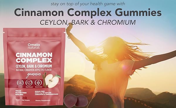 OMELA NATURALS SUGAR-FREE CEYLON CINNAMON COMPLEX GUMMIES APPLE CINNAMON FLAVOR | IMMUNE SUPPORT & ANTIOXIDANT SUPPLEMENTS | 2000MG CINNAMON COMPLEX WITH CHROMIUM | VEGAN, NON-GMO, GLUTEN-FREE| 60CT