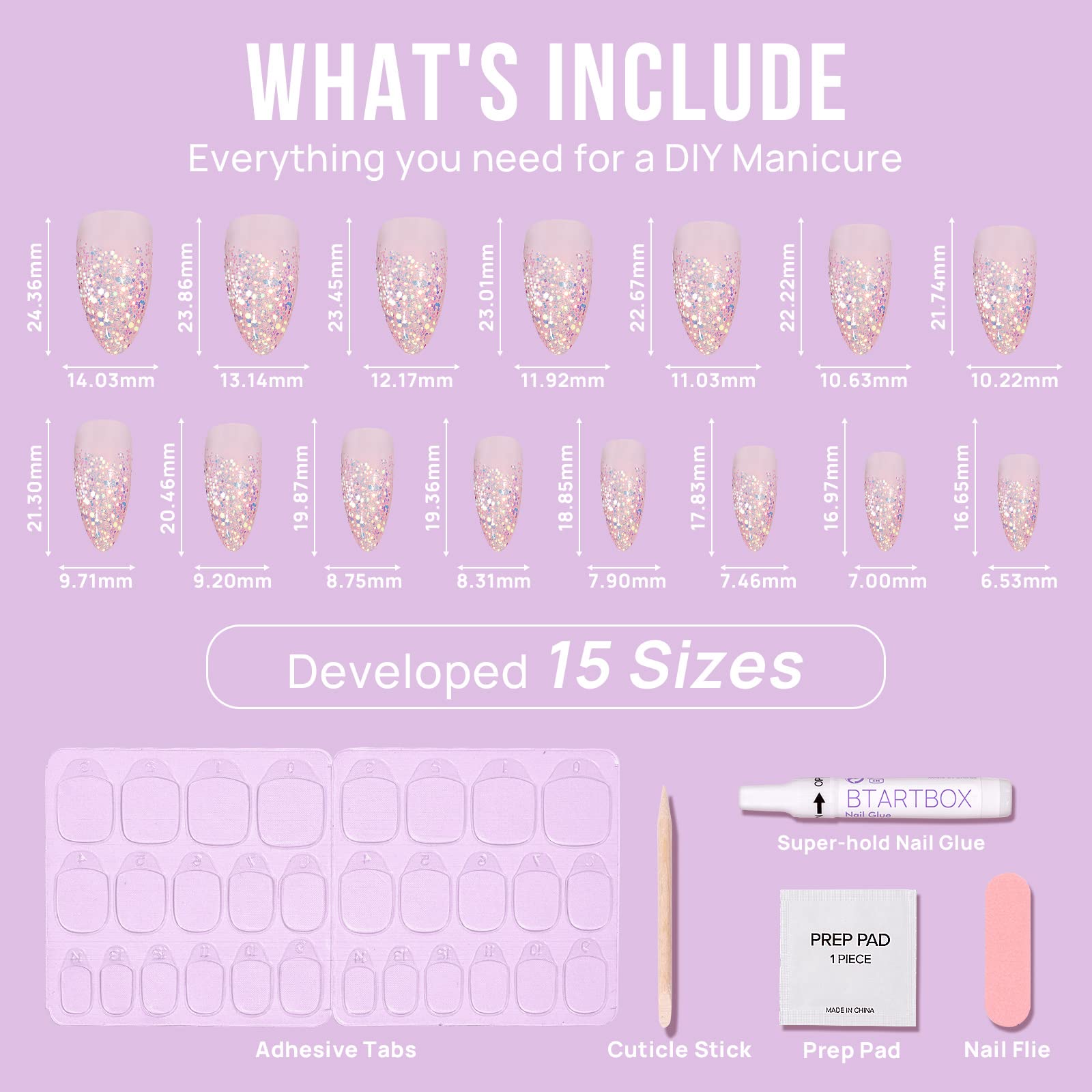 BTArtbox Press On Nails Medium- Christmas Supremely Fit & Natural Soft Gel Glue On Nails with Nail Glue, Reusable Stick On Nails in 15 Sizes - 30 Fake Nails Kit, Pink Sparkle - Image 6