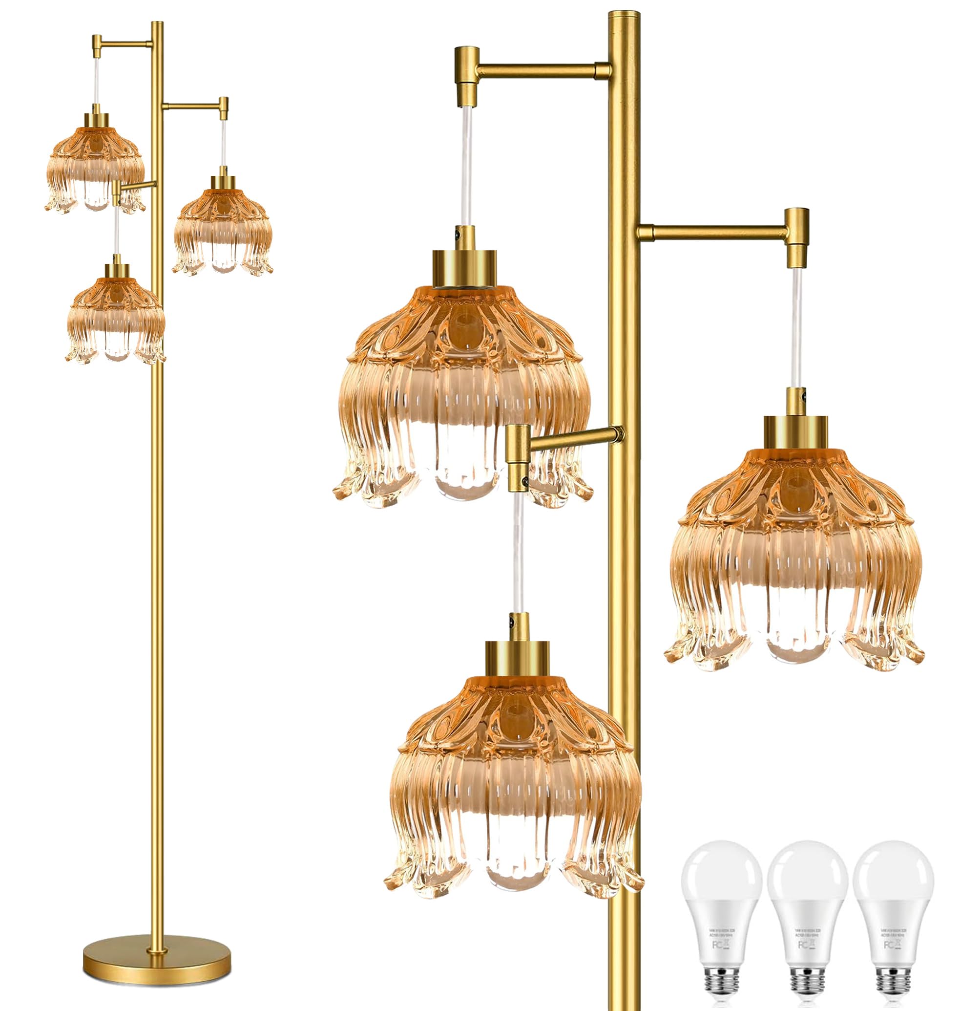 Photo 1 of ILLMTW Gold Floor Lamp for Living Room,Bedroom,Mid Century Modern Standing Lamp Brass Tree 3 Light Tall Floor Lamps Vintage Retro Floor Lights Glass Amber Flower Lamp Shade Farmhouse Boho Bohemian
