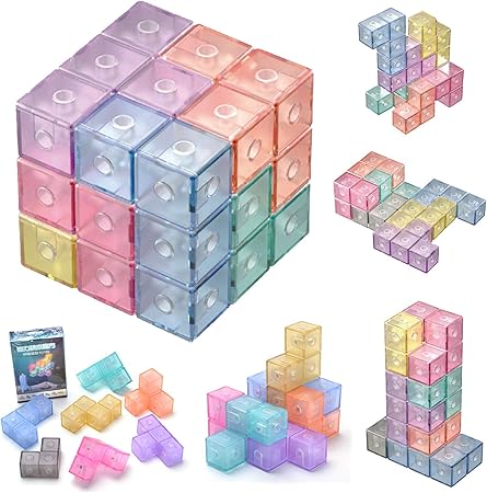 Amazon マグネットパズル マグネットブロック 魔方 最強大脳ゲーム 賢人パズル Magnetic Magic Cube Blocks マジック キューブ マグネットおもちゃ 磁石ブロック 積み木 誕生日 入園 クリスマス プレゼント 透明 立体パズル おもちゃ