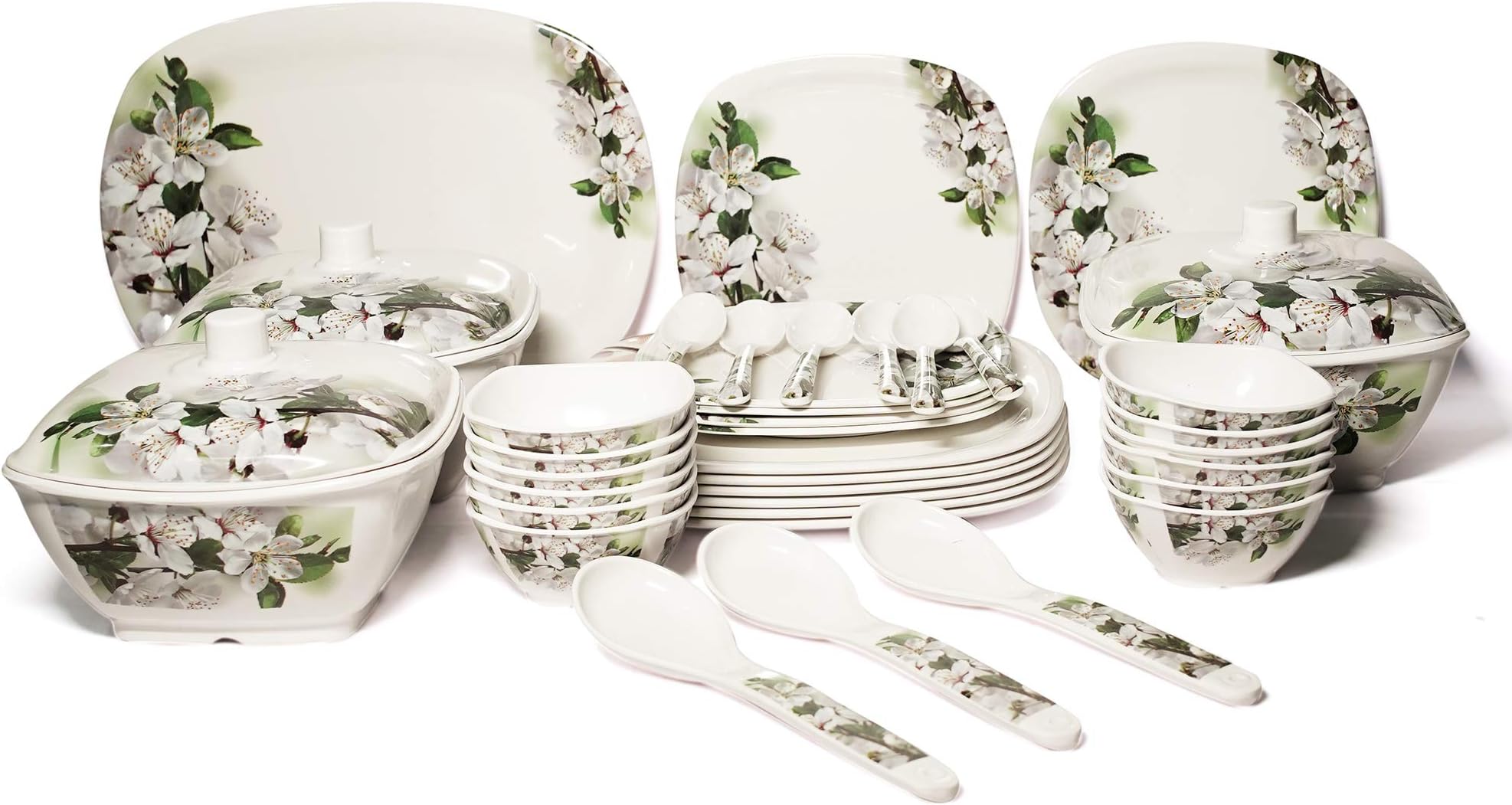 BATANIYA Melamine Dinner Set of 40 PCS with Everlasting Shiny Print, Unbreakable, MIRCOWAVE Safe, Standard Size, Square Shaped (Floral 7) 100% Veg Material