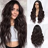 FEIVOSILAN Dark Brown Wig for Women Long Wavy Brown Wig Middle Part 26 Inch Wigs Heat Resistant Synthetic Wig for Daily Use