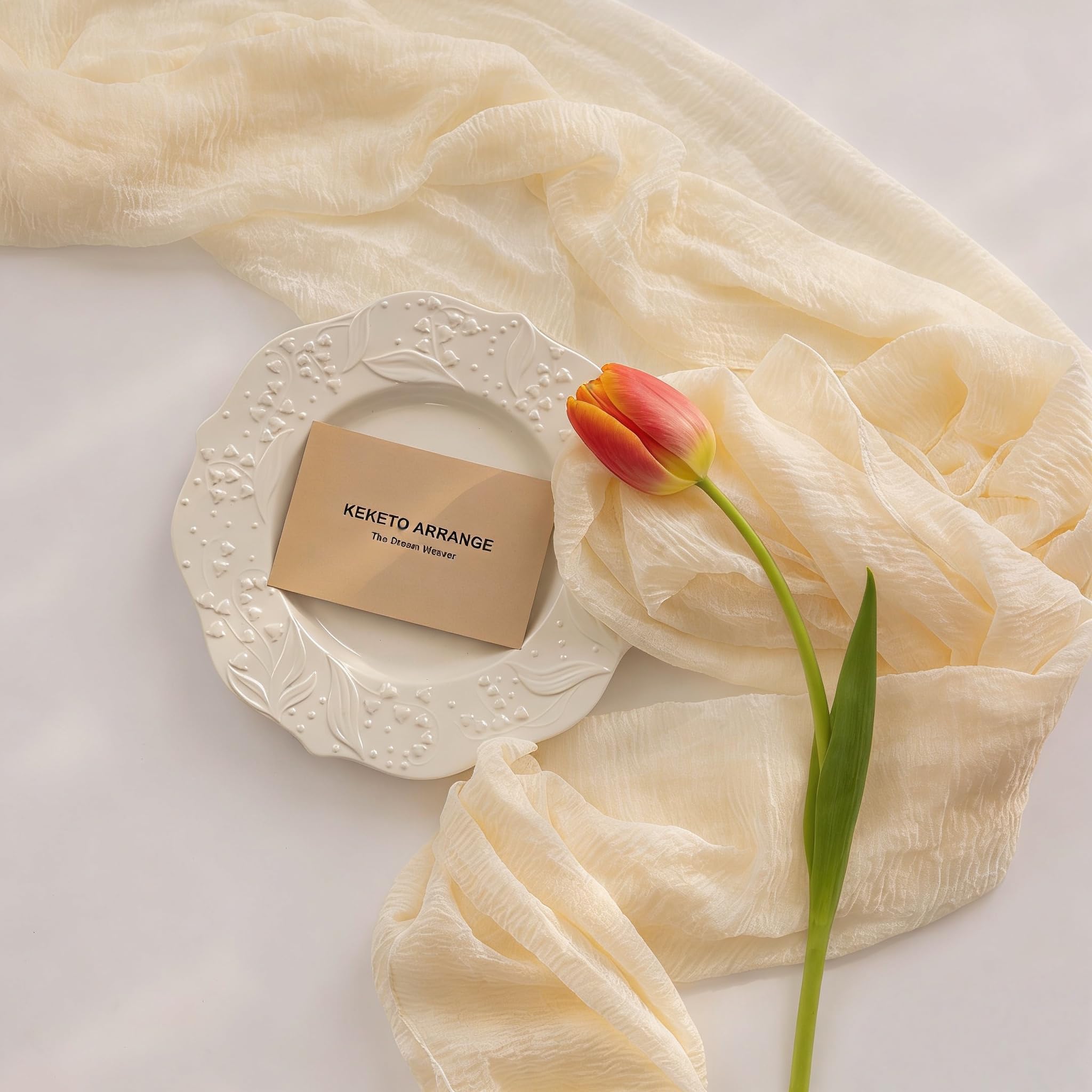 Photo 1 of Keketoarrange White Spring Easter Cheesecloth Table Runner Ivory Cream Gauze Rustic Cheese Cloth Table Runner 120 Inch 10 FT for Wedding Baby Bridal Shower Party Sheer Boho Spring Home Decorations