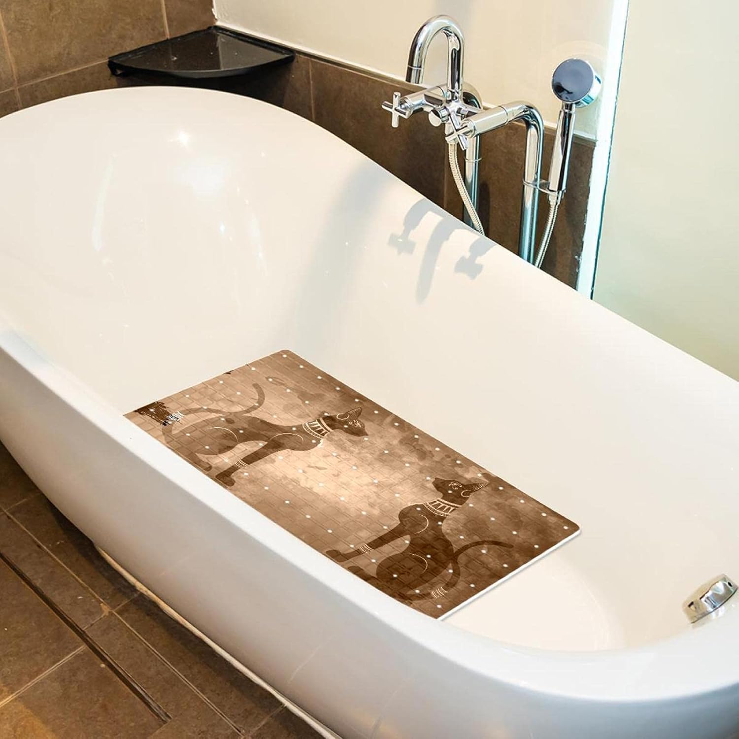 Bath Tub Shower Mat 15.7x27.9 inches Papyrus with Black Egyptian Cats Print with Suction Anti Slip Stripes-Strong Grip Suction Cups for Smooth/Non-Textured Tubs, Marble Floors: Health & Personal Care