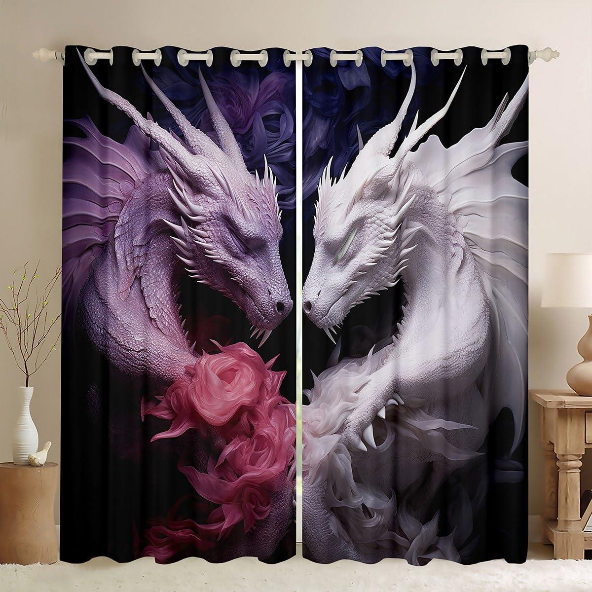 feelingyou Dragon Pattern Blackout Curtains,Purple White Dragon Curtain,Couple Dragon Window Drapes for Kids Teens Boys Young Man,Modern Bedroom Decorative,Flowers Curtain,46Wx54L