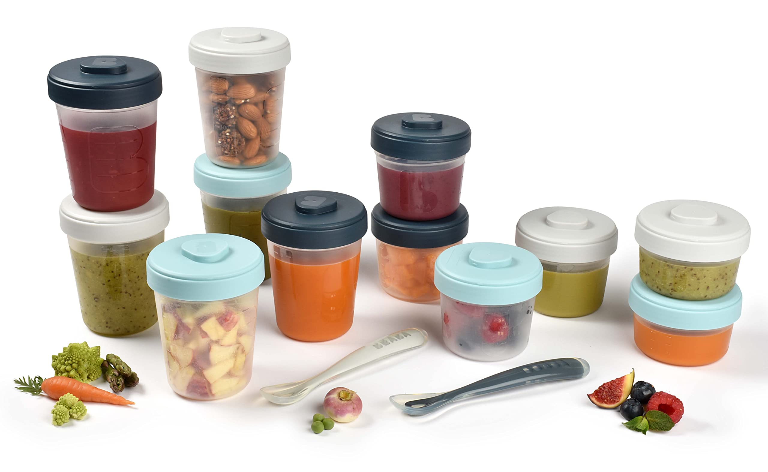 Beaba Set of 12 Storage Pots and 2 Silicone weaning Spoons, Interlocking, Stackable Pots, 100% Airtight, Freezable, Breast Milk, 2x90 ml + 4x150 ml + 6x250ml, Storm