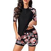 Bonneuitbebe Women 2 Piece UPF 50+ Rash Guard Short Sleeve Half Zip Swim Shirt Built in Bra Swimsuit with Boyshort Bottom